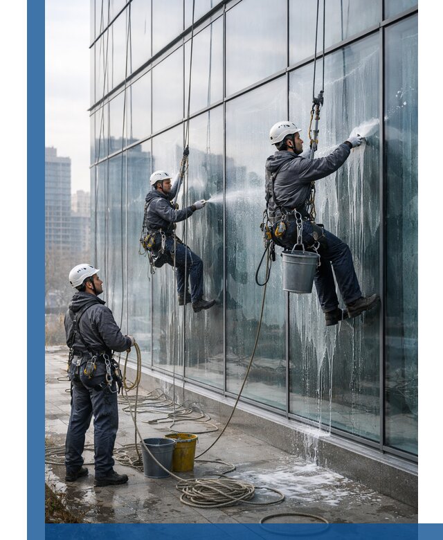 Промышленная мойка панорамных окон на высоте в Юрге