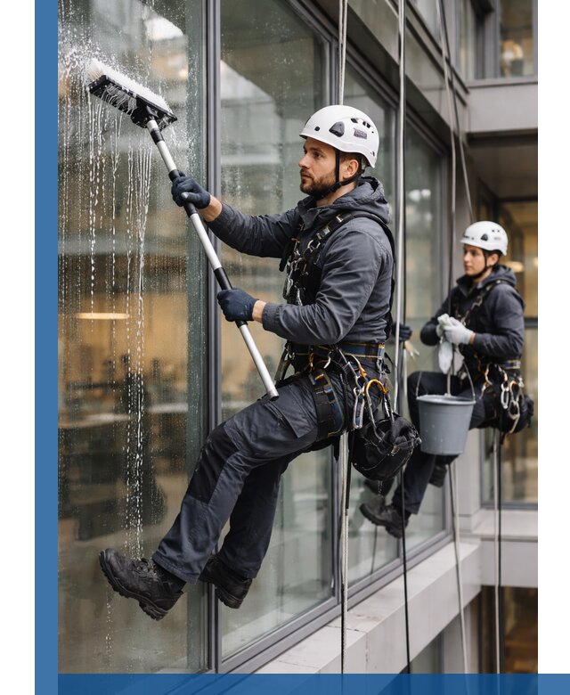 Профессиональная мойка витражей промышленными альпинистами в Юрге