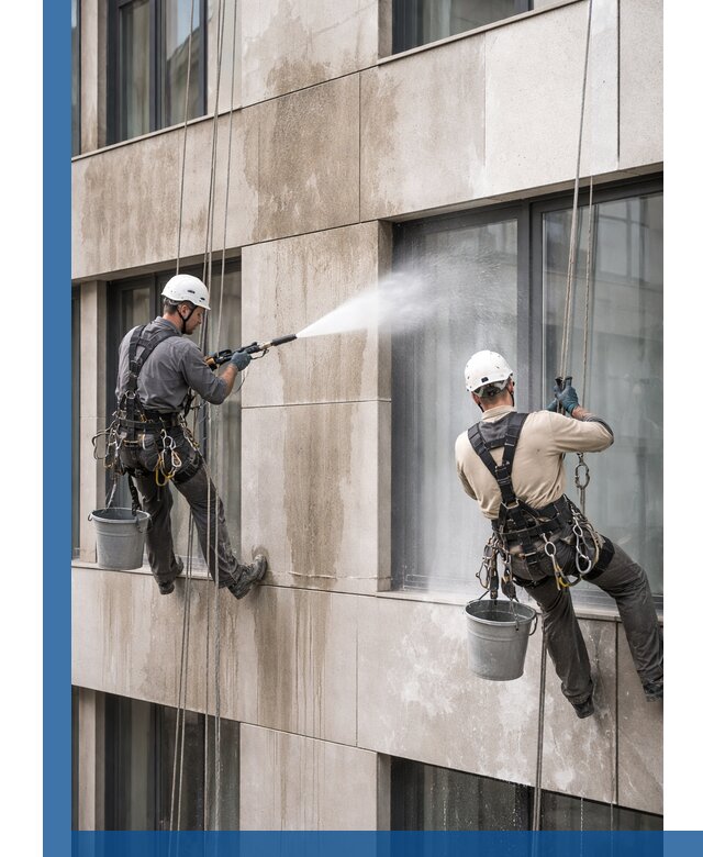 Послестроительная мойка фасада промышленным альпинизмом в Юрге