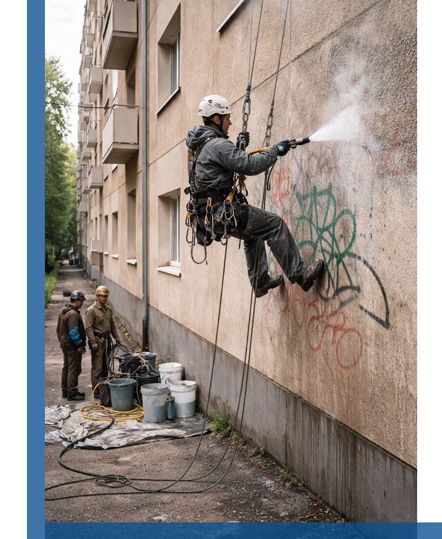 Удаление граффити с фасада в Юрге без следов и повреждений