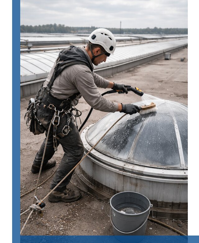 Мойка зенитных фонарей на кровле для промышленных объектов в Юрге