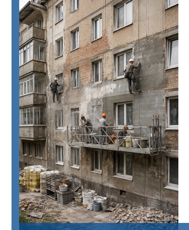 Капитальный ремонт фасада в Юрге с восстановлением и гидроизоляцией