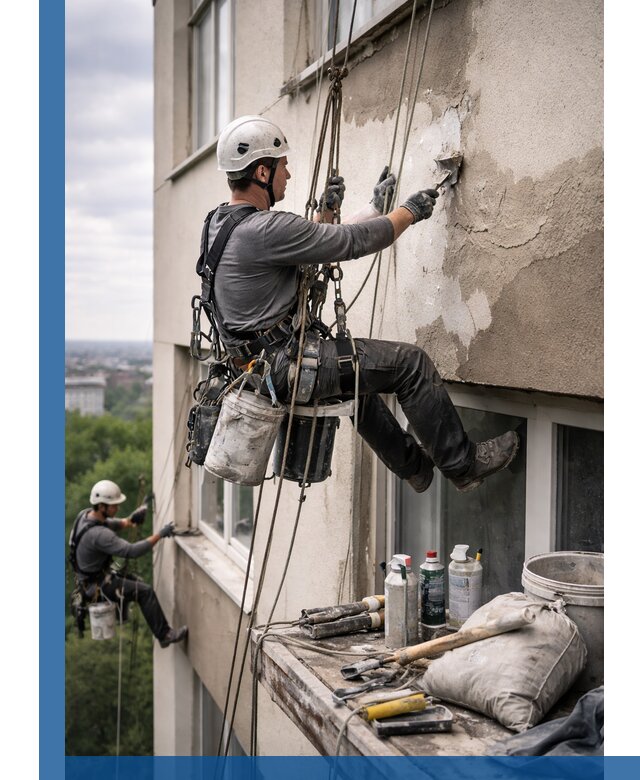 Косметический ремонт фасада зданий в Юрге промышленными альпинистами