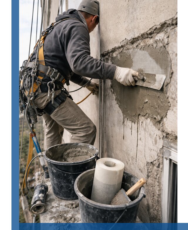 Ремонт бетонных элементов фасада промышленными альпинистами в Юрге