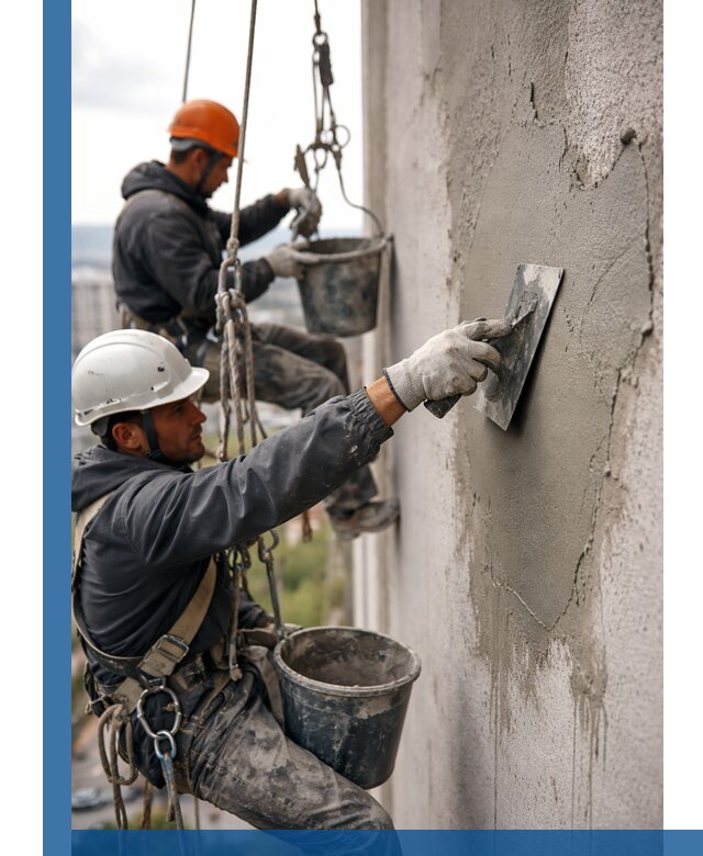 Штукатурка фасада на высоте в Юрге профессиональные работы