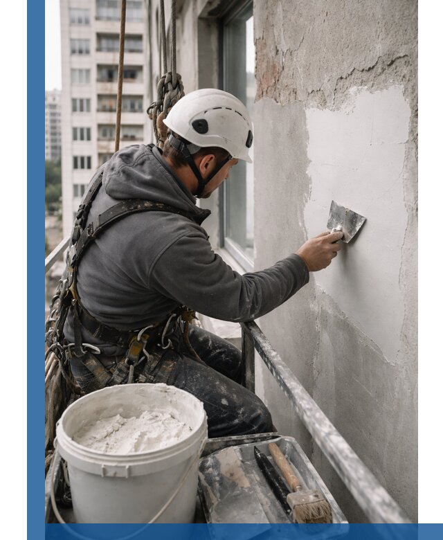 Шпаклевка фасадов на высоте с промальпинистами в Юрге