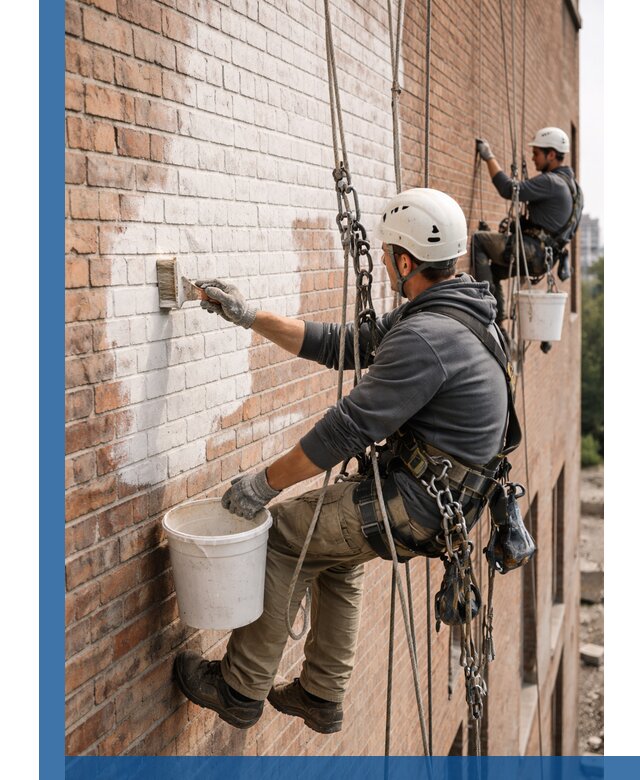 Покраска кирпичного фасада с доступным альпинистским сервисом в Юрге
