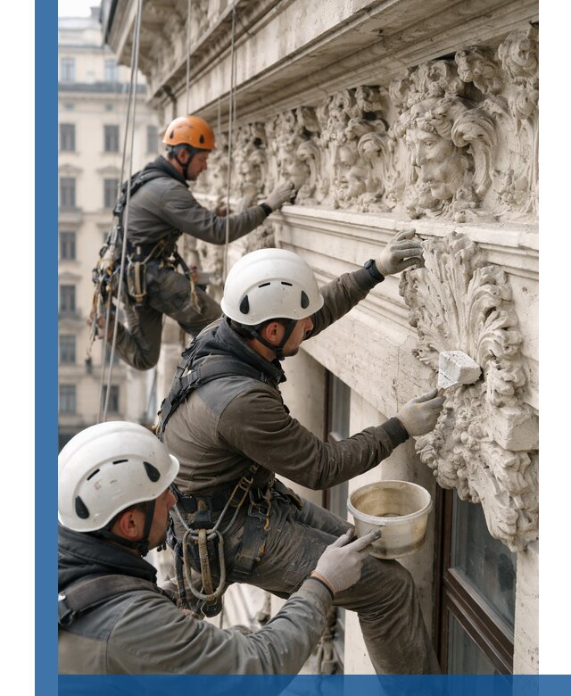 Реставрация фасадной лепнины с высотными работами в Юрге