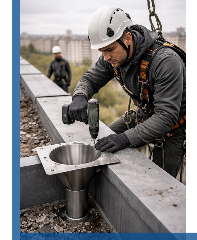 Монтаж водосточных воронок в Юрге для промышленных зданий