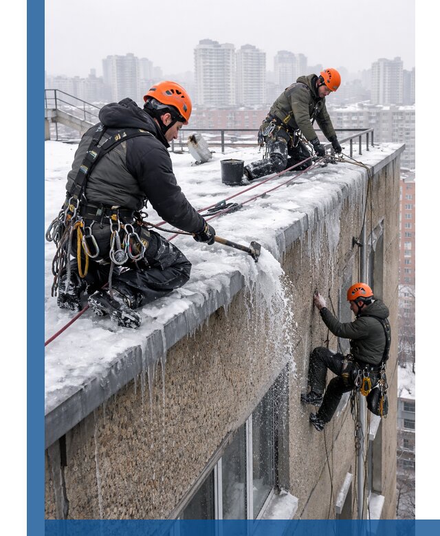 Удаление наледи с кровли в Юрге промышленными альпинистами