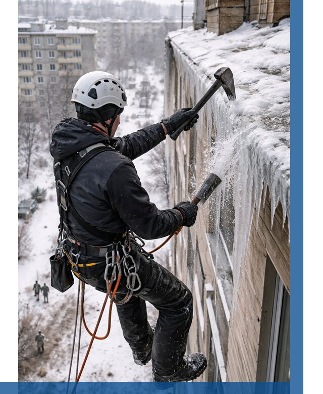 Сбивание сосулек с крыши в Юрге по цене от 4813 р. | ВЫСОТНИК-Юрг