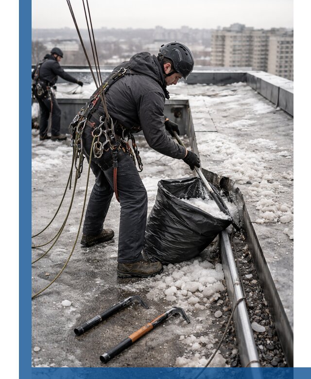 Аварийная очистка кровли в Юрге от промальпинистов