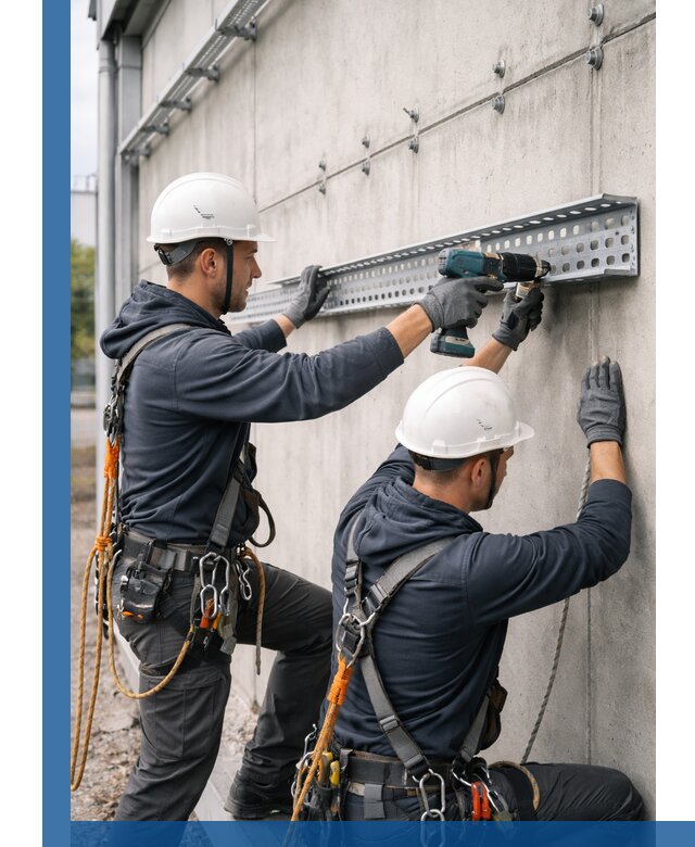 Монтаж кабельных лотков на фасаде зданий в Юрге с гарантией