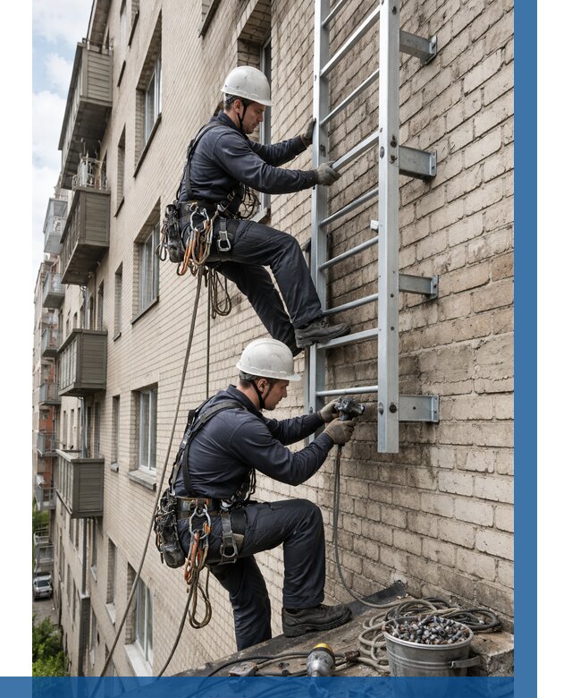 Монтаж пожарной лестницы в Юрге от 26740 р заказать у ВЫСОТНИК-Юрг