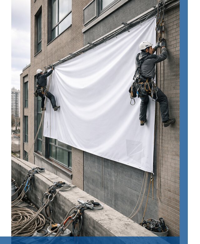 Монтаж баннеров на фасаде в Юрге от 695 р. заказать ВЫСОТНИК-Юрг