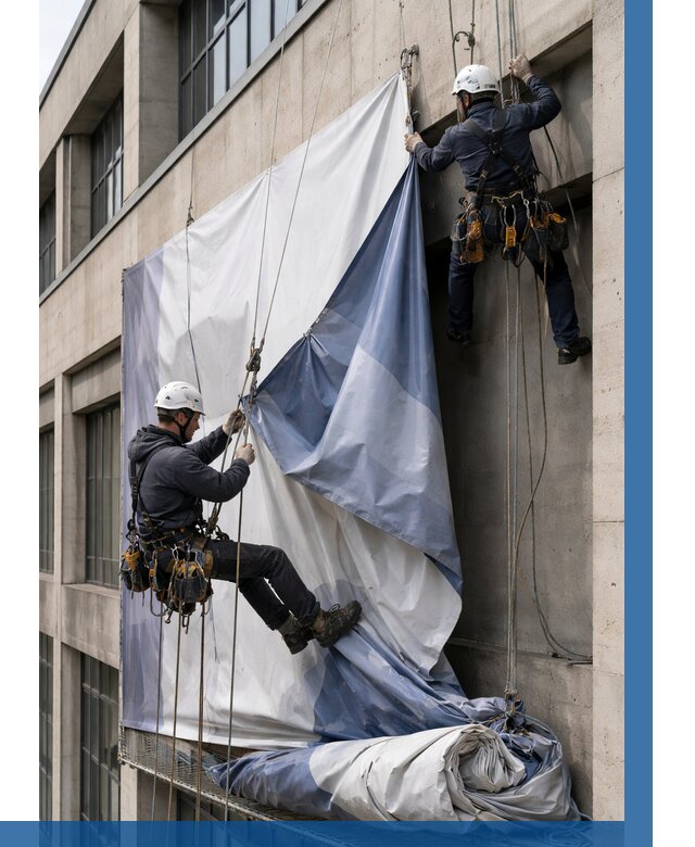 Демонтаж баннеров с фасада в Юрге от 4813 р. | ВЫСОТНИК-Юрг