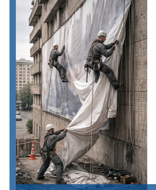 Демонтаж баннеров с фасада в Юрге оперативно и безопасно