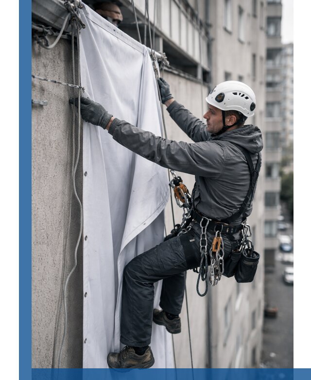 Замена баннерного полотна промышленными альпинистами в Юрге