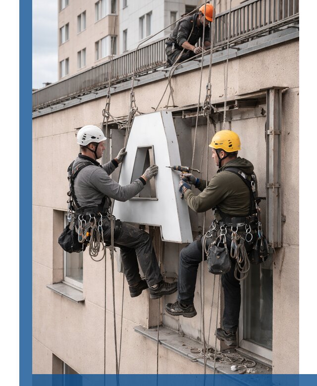 Ремонт и восстановление наружных вывесок на высоте в Юрге