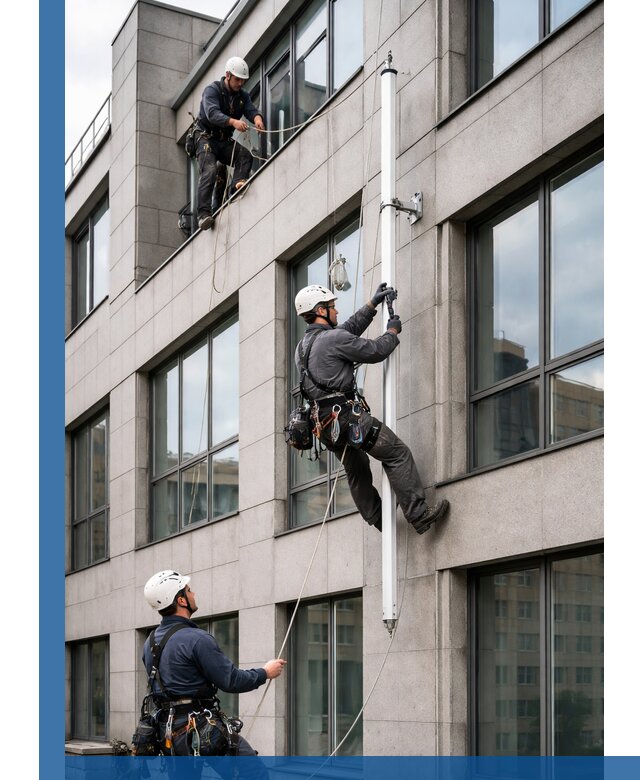 Монтаж флагштока на фасаде здания с креплением и герметикой в Юрге