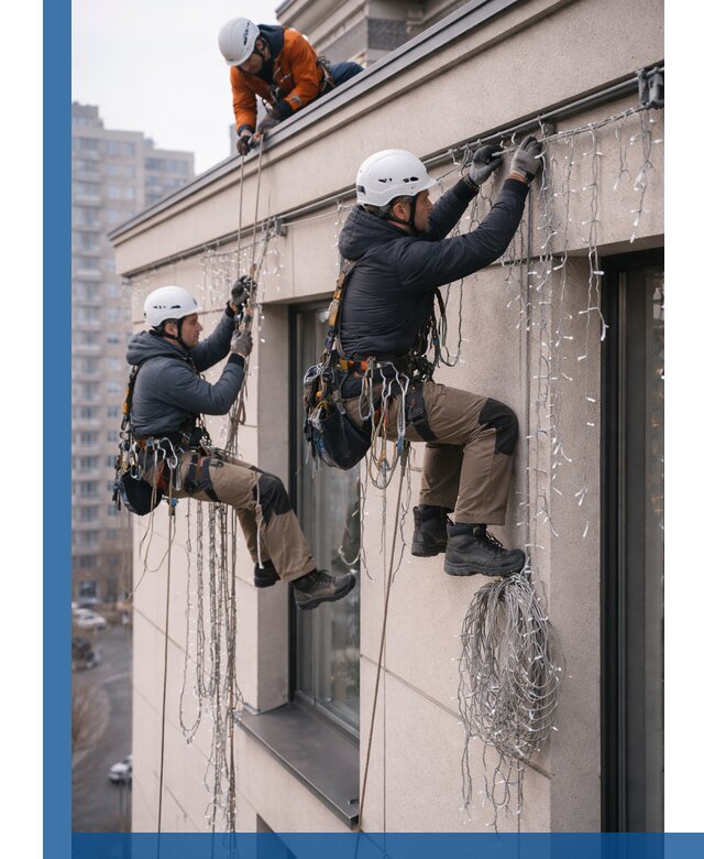 Монтаж праздничных гирлянд на фасаде в Юрге для зданий