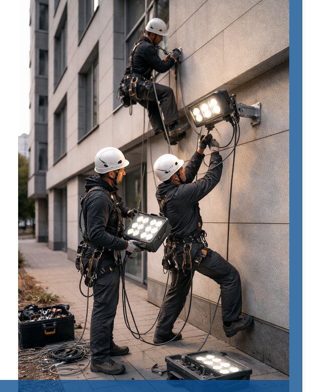 Монтаж прожекторов на фасаде в Юрге от 8022 р. | ВЫСОТНИК-Юрг