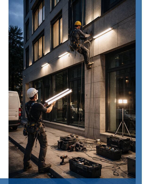 Монтаж архитектурной подсветки здания в Юрге от 2674 р.|ВЫСОТНИК-Юрг