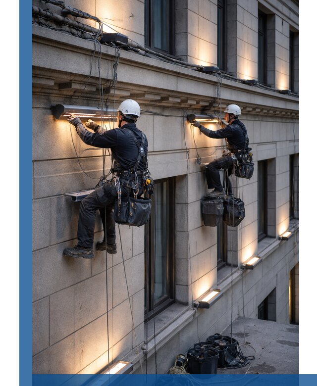 Монтаж архитектурной подсветки фасадов зданий в Юрге