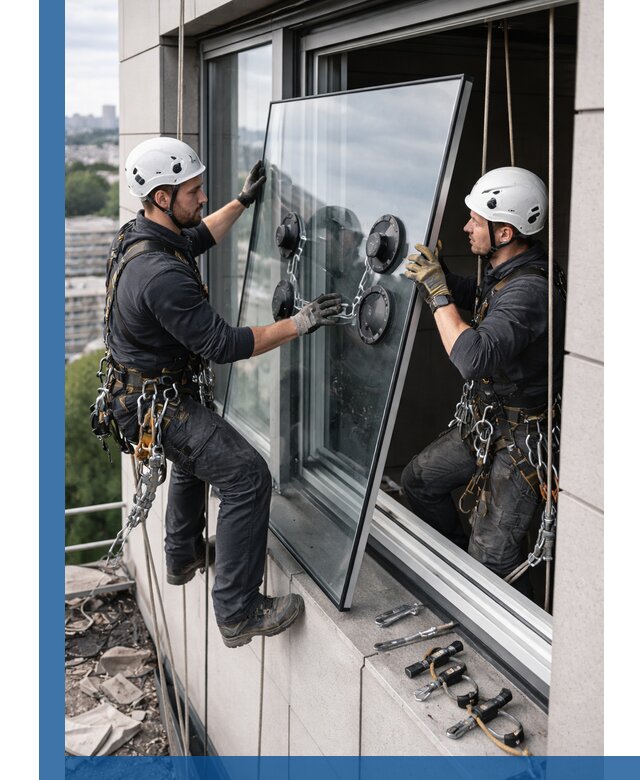 Замена стеклопакетов на высоте с промышленными альпинистами в Юрге