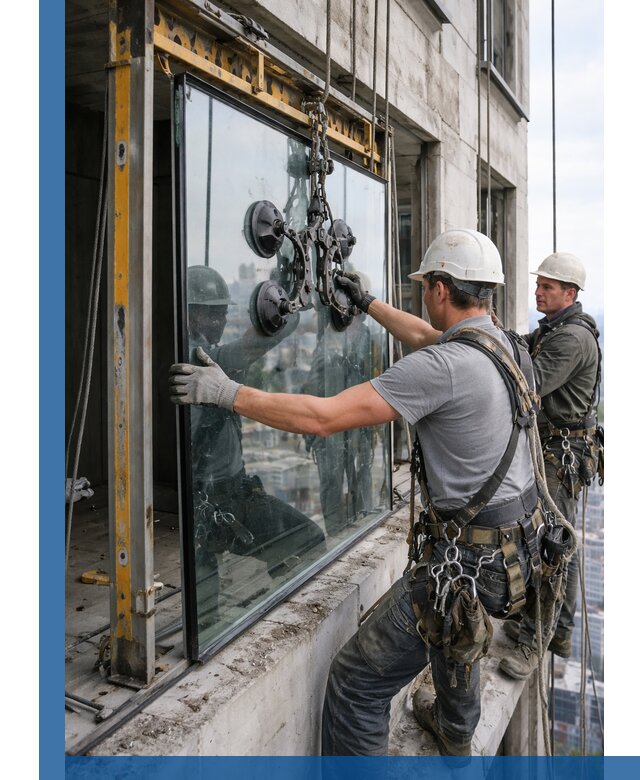 Монтаж стеклопакетов на высоте в Юрге с промышленным альпинизмом