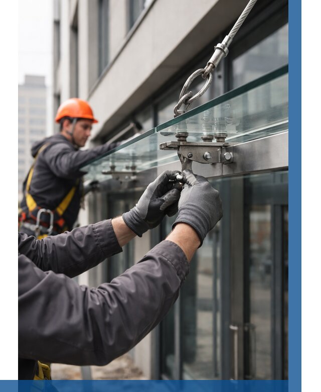 Монтаж стеклянных козырьков в Юрге от 9092 р. | ВЫСОТНИК-Юрг