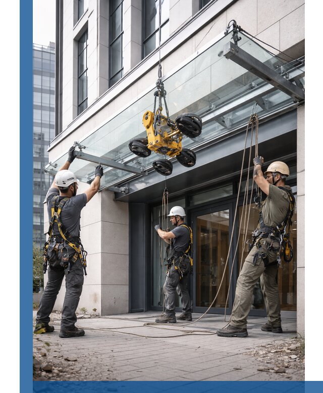 Монтаж стеклянных козырьков под ключ в Юрге для зданий