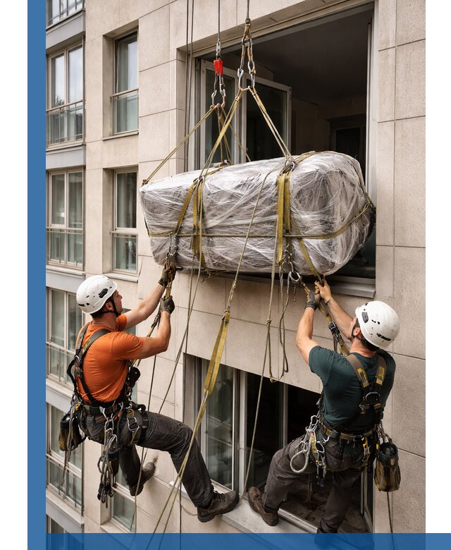 Подъем грузов через окно в Юрге промышленными альпинистами