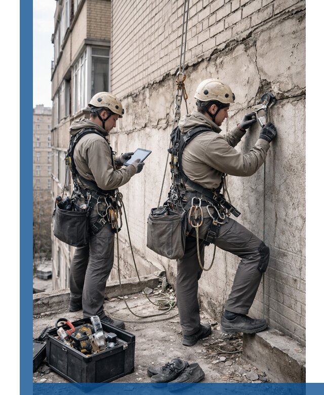 Обследование фасада промышленными альпинистами в Юрге